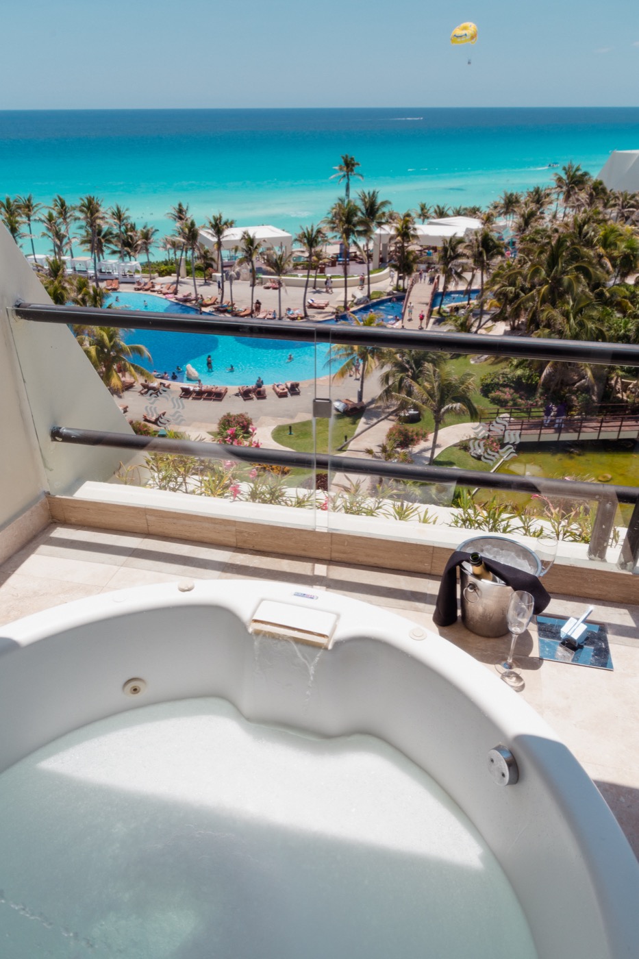 Jacuzzi on Master Suite private balcony at The Pyramid at Grand Oasis hotel